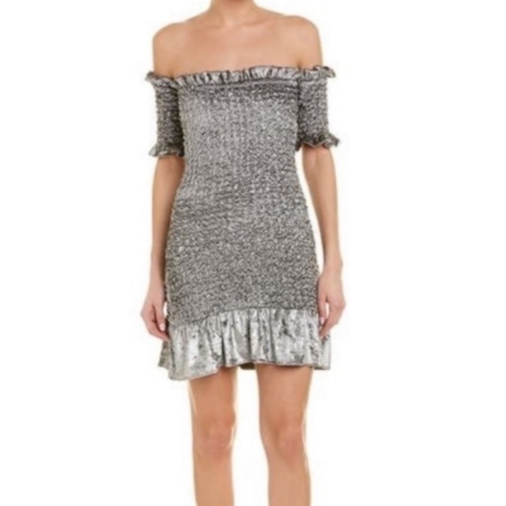 Petersyn X Revolve silver velour cocktail dress smocked off shoulder